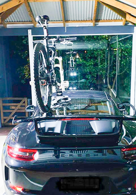 rear view of Porsche GT3 with SeaSucker Talon 1-Bike Rack