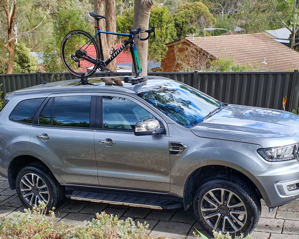 SeaSucker Talon 1-Bike Rack attached to the panoramic roof of a Ford Everest