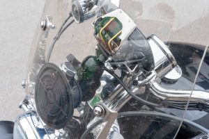 Garmin GPS mounted on top of the handlebars of a Harley Davidson