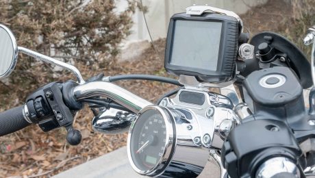 Garmin GPS mounted on top of the handlebars of a Harley Davidson